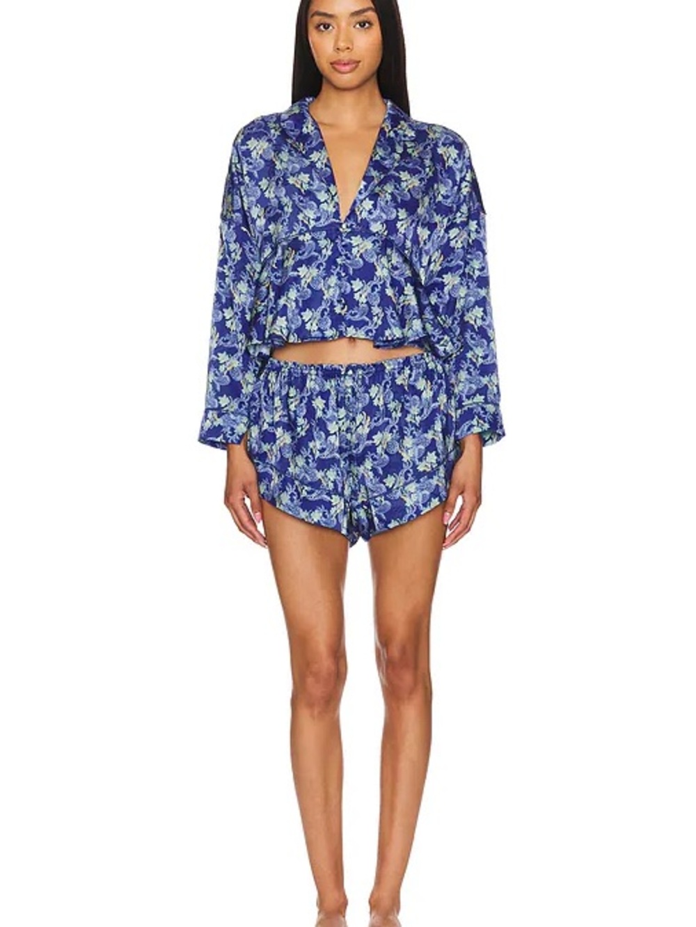 Free People x Intimately FP Beauty Sleep PJ Set Sea Combo Blue Floral Size M